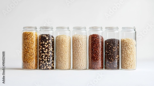 An assortment of raw grains like millet, farro, and wild rice displayed in clear glass jars, set against a white background to emphasize their natural beauty.