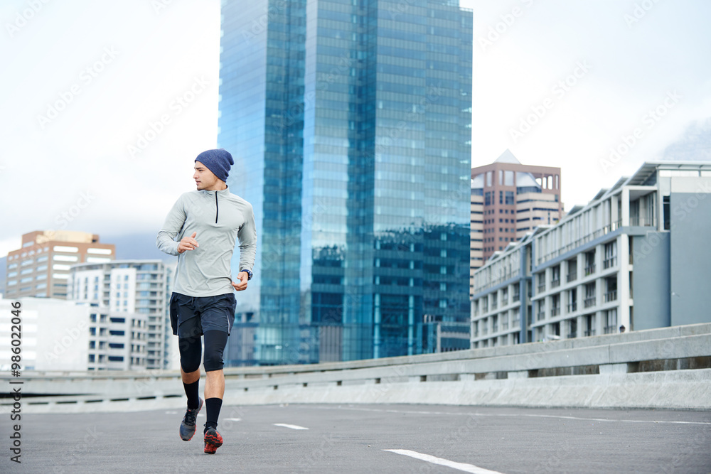 Man, city and bridge with running for fitness or training, exercise and self care in California. Workout, confidence and male person with jogging for health, wellness and wellbeing in road or highway Man, city and bridge with running for fitness or training, exercise and self care in California. Workout, confidence and male person with jogging for health, wellness and wellbeing in road or highway