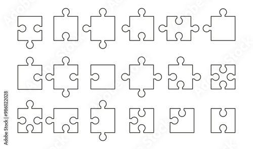 Puzzle Pieces Collection. Jigsaw Icon Set Black Line Puzzle Parts Isolated on White Background PNG