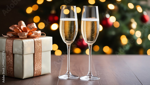 Christmas glasses of champagne and fir tree branches on old wooden background, dark image in rustic style.