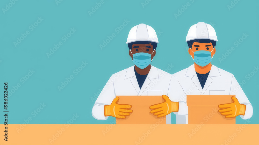 Two warehouse workers in safety gear packing boxes in a colorful background. Two warehouse workers in safety gear packing boxes in a colorful background.