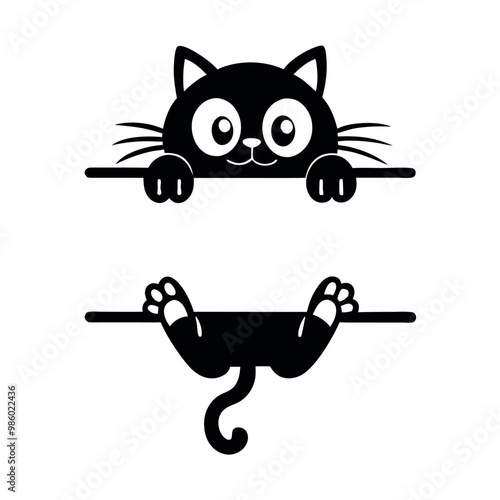 a black and white illustration of a cat hanging upside down on a horizontal bar. The cat has a round face with big, round eyes and a small nose vector silhouette