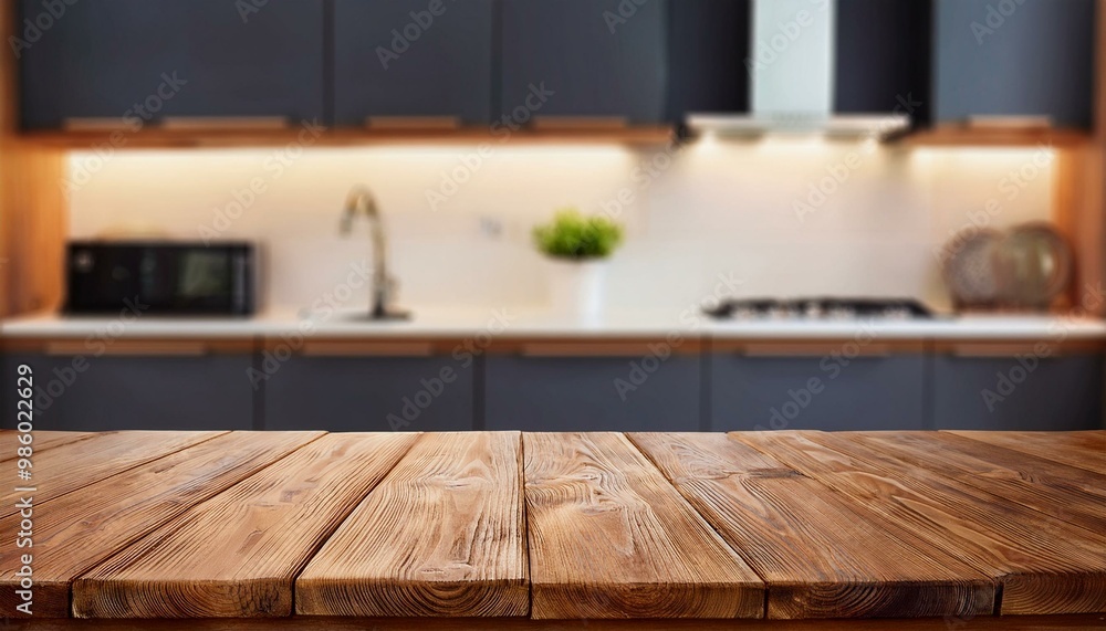 Fototapeta premium Wood table top on blur kitchen counter (room)background.