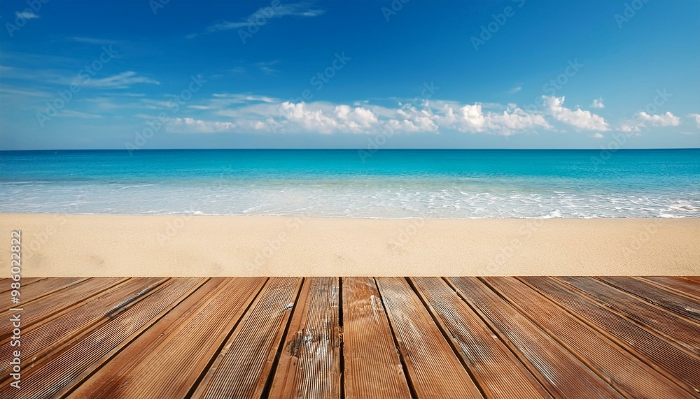Wooden floor or plank on sand beach in summer. For product display.Calm Sea and Blue Sky Background. Wooden floor or plank on sand beach in summer. For product display.Calm Sea and Blue Sky Background.