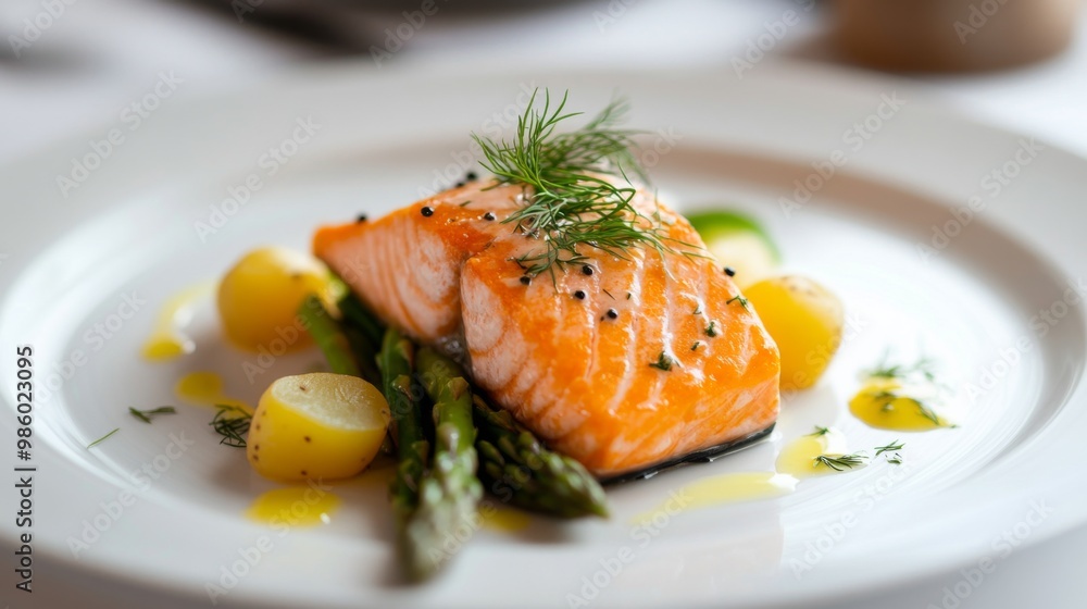 An elegant dish of poached salmon with a light dill sauce, served with asparagus and new potatoes, presented on a white plate for a sophisticated and appetizing look. An elegant dish of poached salmon with a light dill sauce, served with asparagus and new potatoes, presented on a white plate for a sophisticated and appetizing look.