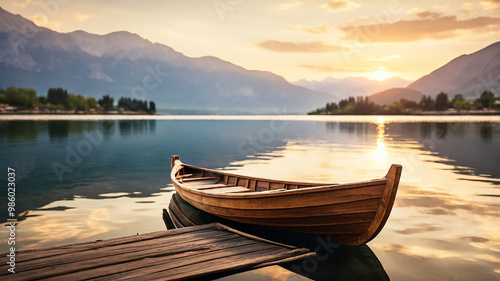 A rustic rowboat drifts on a calm lake, oars still, as the sun sets behind towering mountains photo