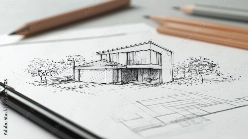 drawing of a pencil house on the table. Selective focus drawing of a pencil house on the table. Selective focus
