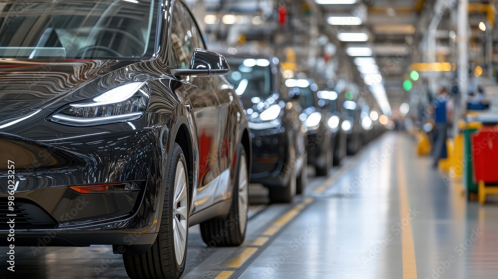 A lineup of black cars is neatly aligned inside an automotive manufacturing facility, showcasing the modern production capabilities and industrial organization within the car industry. A lineup of black cars is neatly aligned inside an automotive manufacturing facility, showcasing the modern production capabilities and industrial organization within the car industry.