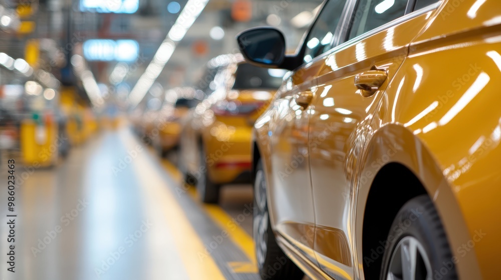 A focus on brown and yellow cars lined up in the production assembly line of an automotive factory, highlighting the systematic approach and technological advances in car manufacturing. A focus on brown and yellow cars lined up in the production assembly line of an automotive factory, highlighting the systematic approach and technological advances in car manufacturing.