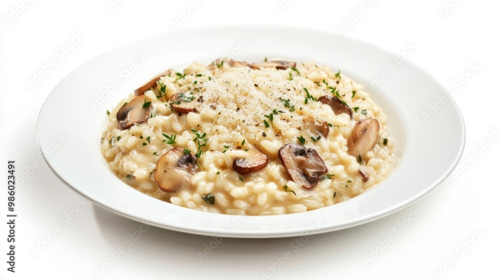 An elegant plate of creamy risotto with mushrooms and herbs, garnished with a sprinkle of Parmesan, set against a crisp, white background for a sophisticated look. An elegant plate of creamy risotto with mushrooms and herbs, garnished with a sprinkle of Parmesan, set against a crisp, white background for a sophisticated look.