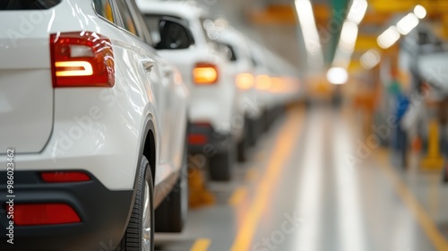 Wallpaper Mural A view of car interiors through the rear windows, placed sequentially in an automotive assembly line in a high-tech and organized factory, emphasizing manufacturing precision. Torontodigital.ca