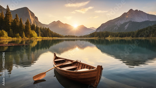 A rustic rowboat drifts on a calm lake, oars still, as the sun sets behind towering mountains photo