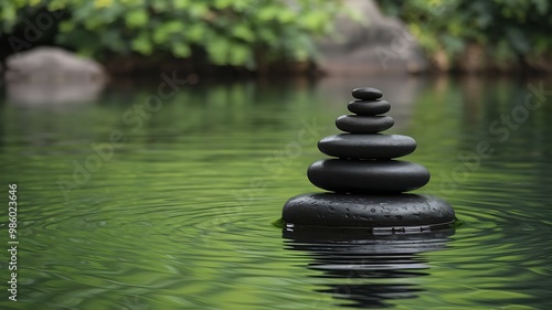 Zen stones stacked in a pond, creating a serene and tranquil scene.