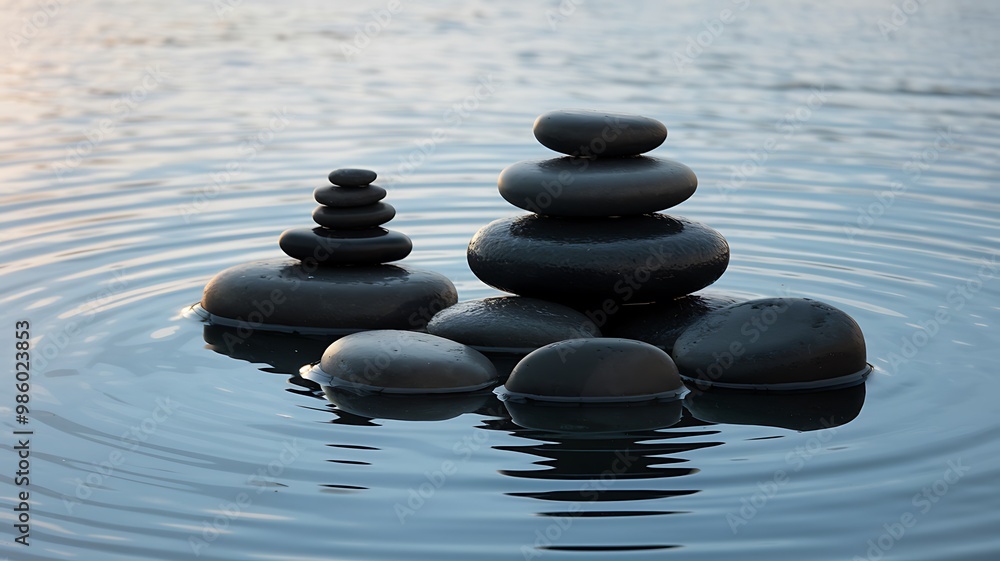 Black stones stacked in a zen formation on still water, creating ripples. Black stones stacked in a zen formation on still water, creating ripples.