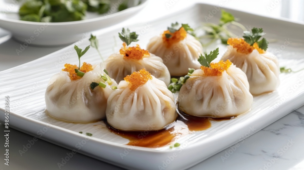 An elegant presentation of dim sum with siu mai and bao buns on a white ceramic platter, garnished with fresh herbs and set against a minimalist background. An elegant presentation of dim sum with siu mai and bao buns on a white ceramic platter, garnished with fresh herbs and set against a minimalist background.