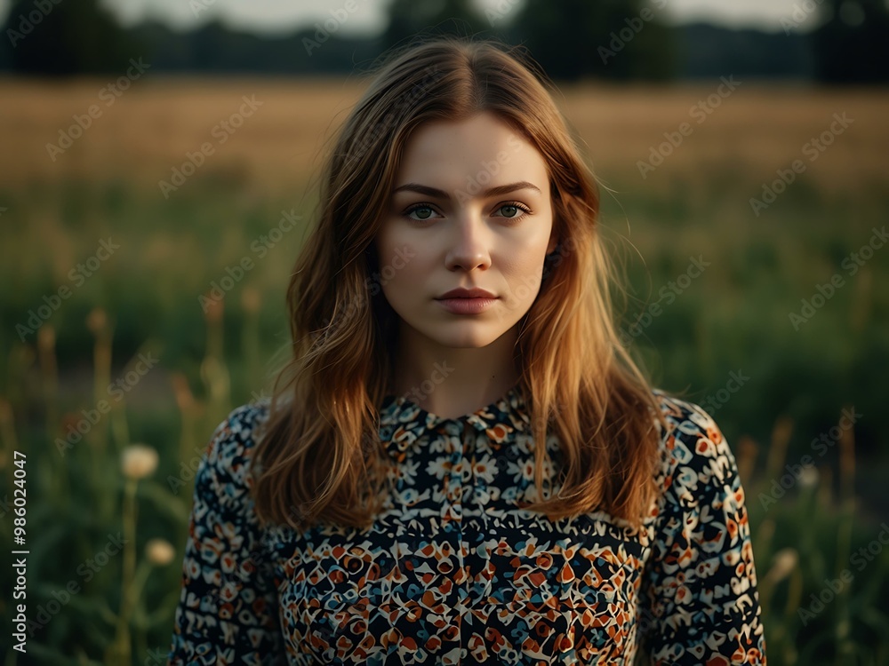 Portrait of a woman in a patterned dress, standing in a field. Portrait of a woman in a patterned dress, standing in a field.