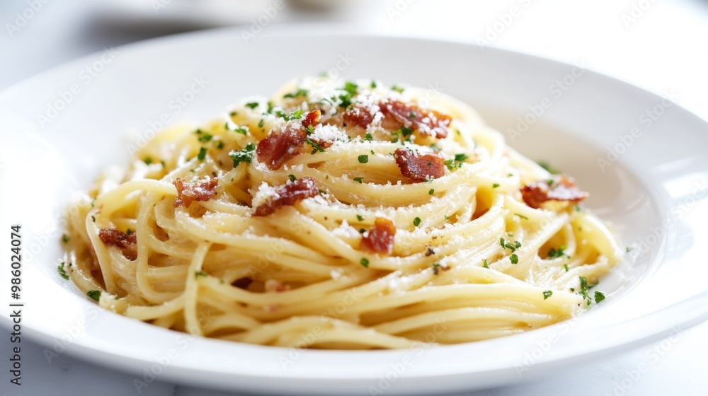 An elegant presentation of spaghetti carbonara on a white plate, with the creamy sauce and crispy pancetta beautifully arranged, garnished with fresh herbs for added color. An elegant presentation of spaghetti carbonara on a white plate, with the creamy sauce and crispy pancetta beautifully arranged, garnished with fresh herbs for added color.