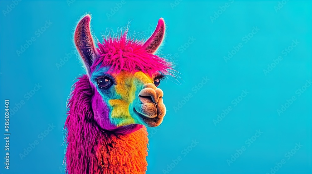 Obraz premium Playful Llama with Vibrant Pink and Orange Mane: Perfect Wall Art for Sporty Interiors and Whimsical Spaces!