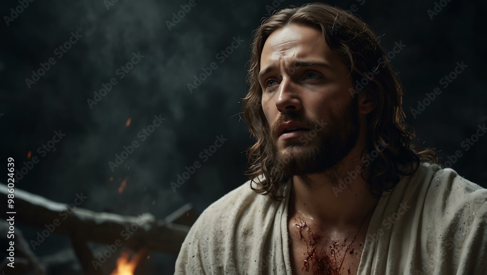 Powerful illustration of Christ’s suffering with intense emotion. Powerful illustration of Christ’s suffering with intense emotion.