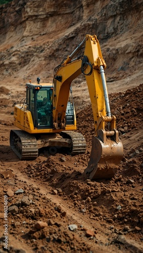 Powerful excavator scooping earth at a construction site.