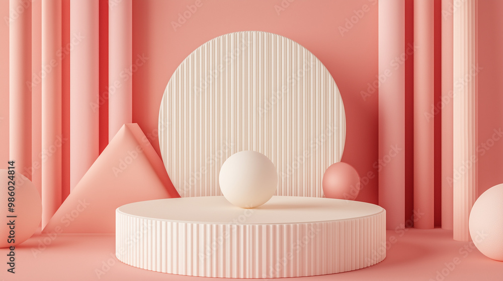 3d podium pedestal platform in pink ,white,cream color with geometric backdrop and ball on pink background for product display 3d podium pedestal platform in pink ,white,cream color with geometric backdrop and ball on pink background for product display