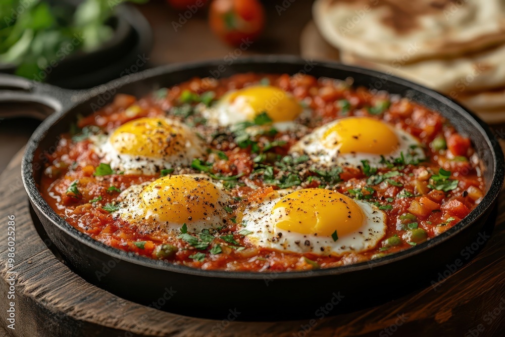 mouthwatering shakshuka sizzling in rustic castiron skillet vibrant red tomato sauce cradling perfectly poached eggs steam rises carrying aromatic spices set against warm earthy background mouthwatering shakshuka sizzling in rustic castiron skillet vibrant red tomato sauce cradling perfectly poached eggs steam rises carrying aromatic spices set against warm earthy background