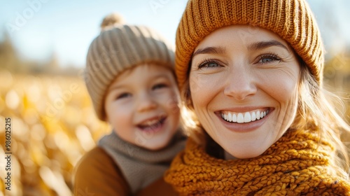 A heartwarming image of a smiling woman and her toddler, donned in knitted hats and scarves, embraced by the golden embrace of a sunlit autumn day outdoors.