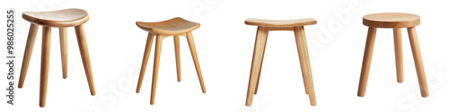 Collection of various wooden stools and chairs in different minimalist designs suitable for home office restaurant or cafe interior decor