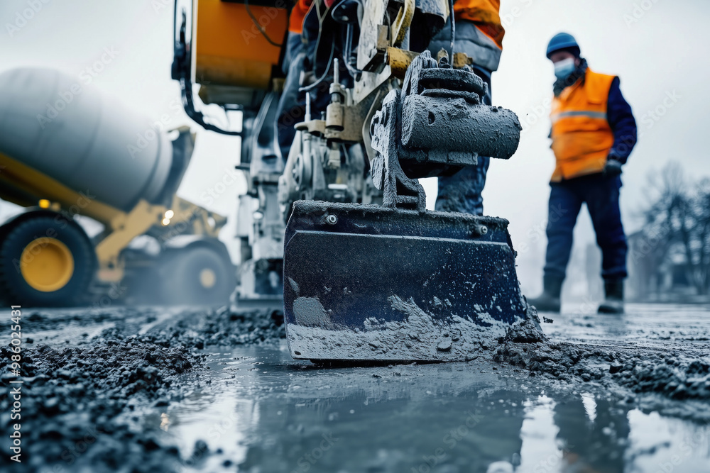 Close-up of construction workers with heavy equipment Close-up of construction workers with heavy equipment