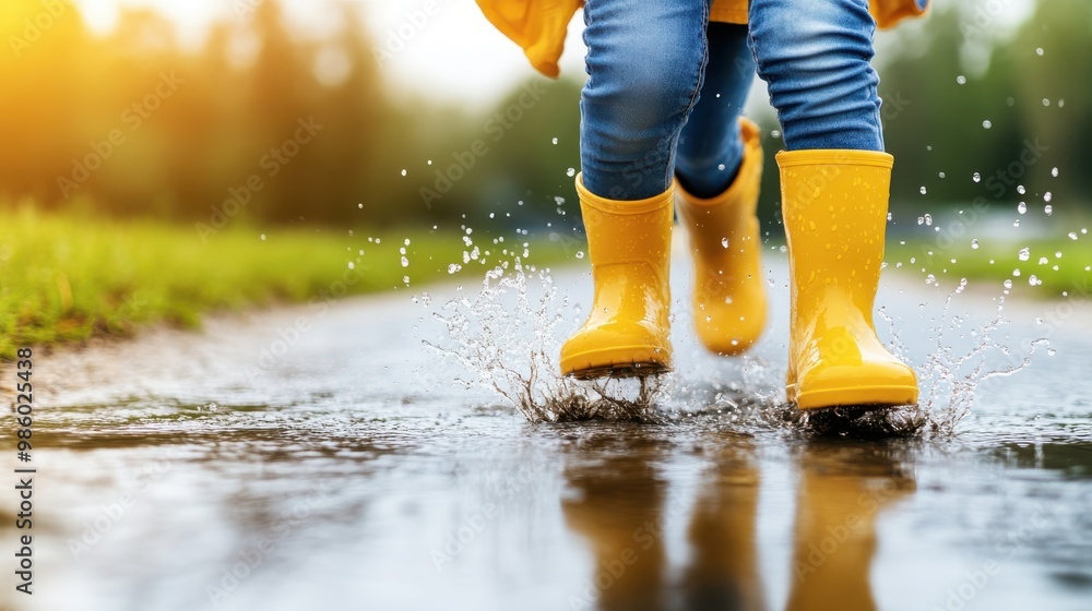 A child in yellow rain boots splashes in a puddle on a rainy day, embodying the carefree spirit of childhood and the simple joy of outdoor play in nature's elements. A child in yellow rain boots splashes in a puddle on a rainy day, embodying the carefree spirit of childhood and the simple joy of outdoor play in nature's elements.