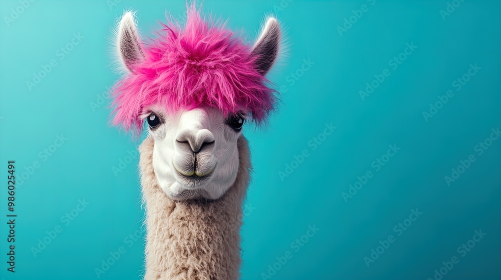 Obraz premium Whimsical Llama with Fluffy Pink Hairstyle on Vibrant Turquoise Background: Perfect as a Quirky Poster for Fun Sports Interiors!