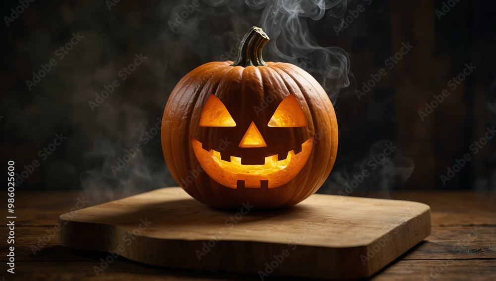 Pumpkin on a wooden cutting board emitting smoke. Pumpkin on a wooden cutting board emitting smoke.