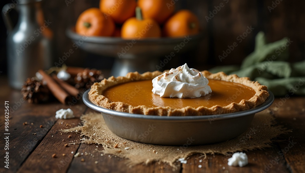 Pumpkin pie topped with whipped cream on a rustic background. Pumpkin pie topped with whipped cream on a rustic background.