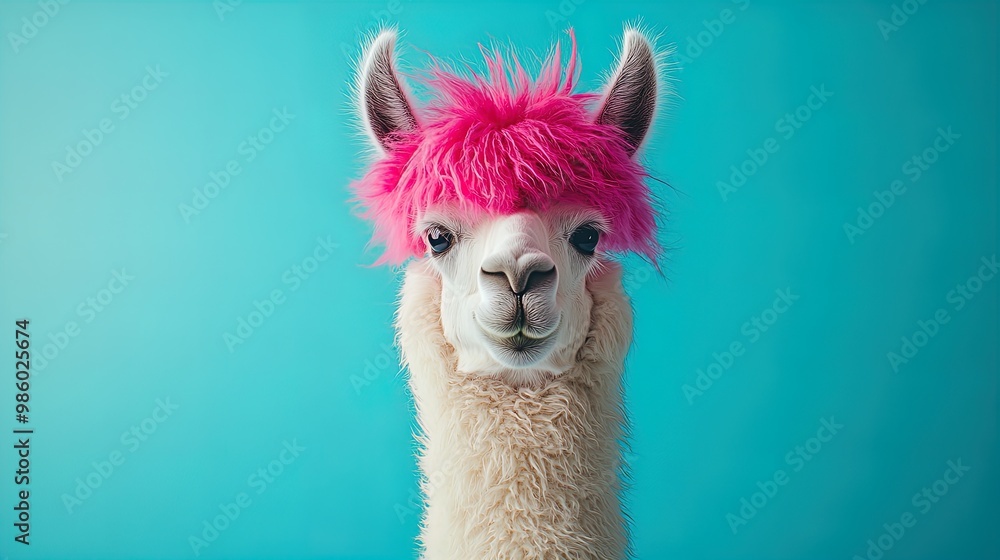 Fototapeta premium Whimsical Llama with Fluffy Pink Hairstyle on Vibrant Turquoise Background: Perfect as a Quirky Poster for Fun Sports Interiors!