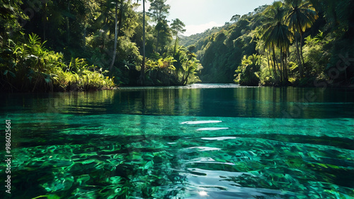 A serene scene with clear turquoise waters flowing through a forest of tall, palm-like trees.