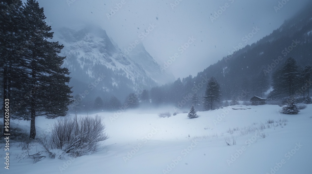 Obraz premium Intense snowstorm in mountain landscape