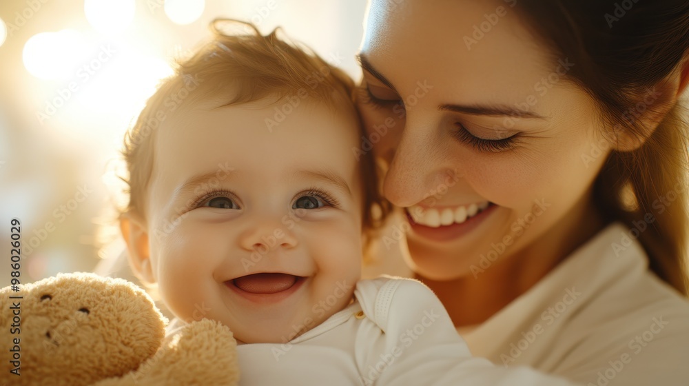 A smiling mother holds her baby under a gentle stream of warm sunlight, encapsulating happiness, joy, and an affectionate mother-child relationship. A smiling mother holds her baby under a gentle stream of warm sunlight, encapsulating happiness, joy, and an affectionate mother-child relationship.