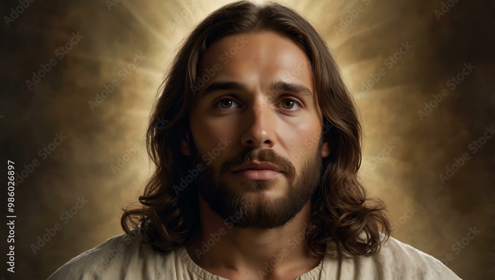 Radiant portrait of Jesus with a compassionate expression. Radiant portrait of Jesus with a compassionate expression.