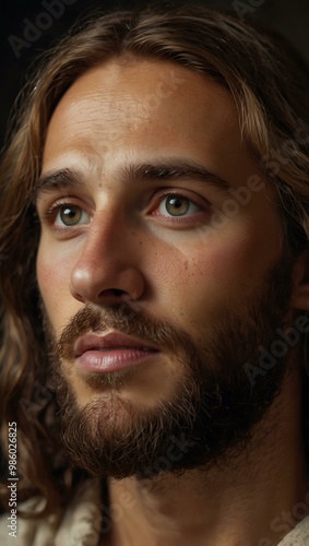 Radiant portrait of Jesus with a compassionate expression and soft halo.