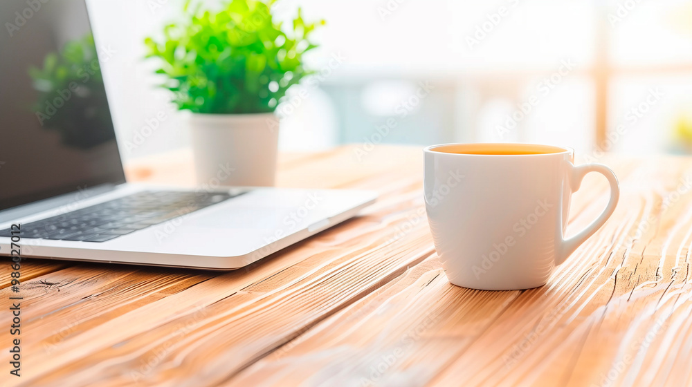 Bright morning home office desk with laptop, coffee mug, and potted plant Bright morning home office desk with laptop, coffee mug, and potted plant
