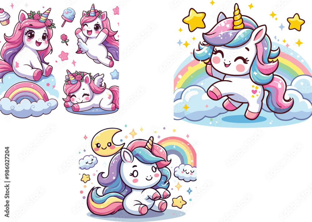 set of funny cute unicorn cartoon vector animals