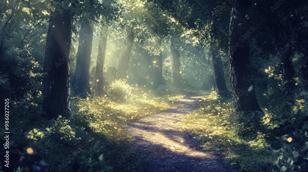Obraz premium A serene forest path illuminated by soft sunlight, inviting exploration and tranquility.