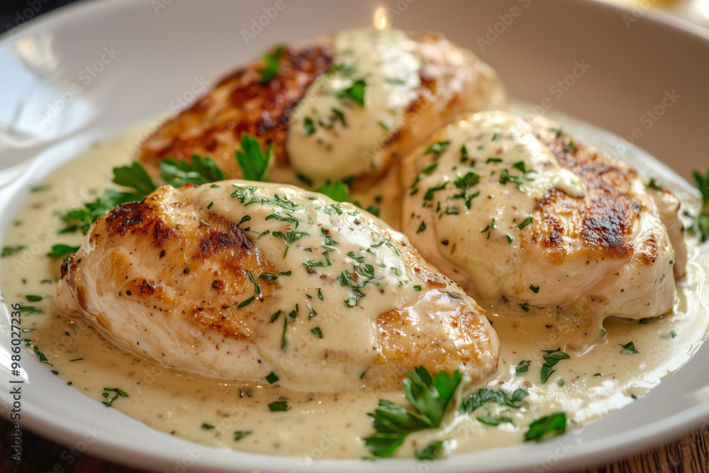 Grilled chicken breasts with creamy sauce and herbs