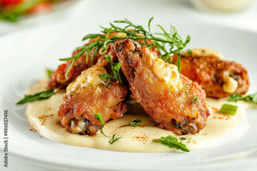 Crispy chicken wings with cheese sauce and garnish Crispy chicken wings with cheese sauce and garnish
