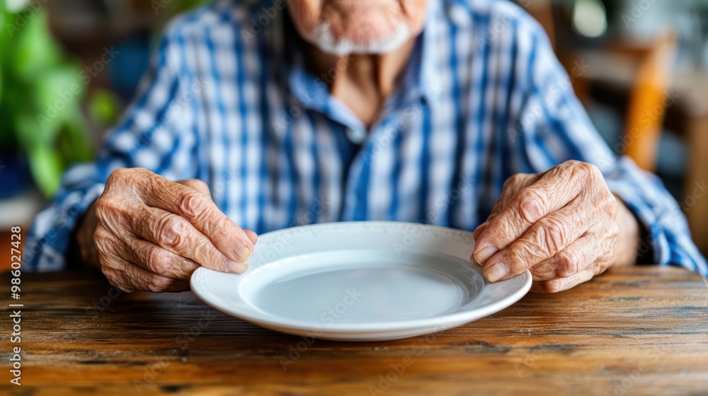 Image showing elderly hands gently holding an empty white plate on a wooden table, highlighting the themes of aging, simplicity, and anticipation of a meal. Image showing elderly hands gently holding an empty white plate on a wooden table, highlighting the themes of aging, simplicity, and anticipation of a meal.