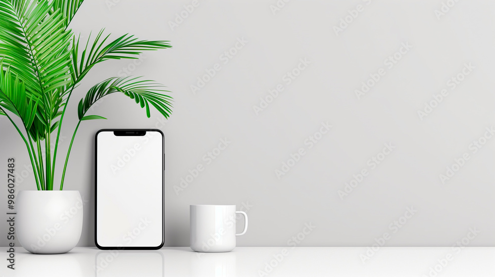 Modern smartphone with blank screen, green plant, and white coffee mug on minimalist white desk Modern smartphone with blank screen, green plant, and white coffee mug on minimalist white desk