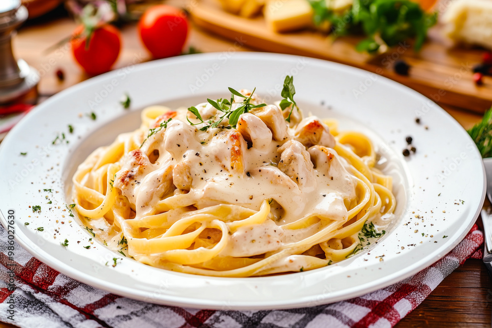 Chicken fettuccine Alfredo in a creamy sauce Chicken fettuccine Alfredo in a creamy sauce