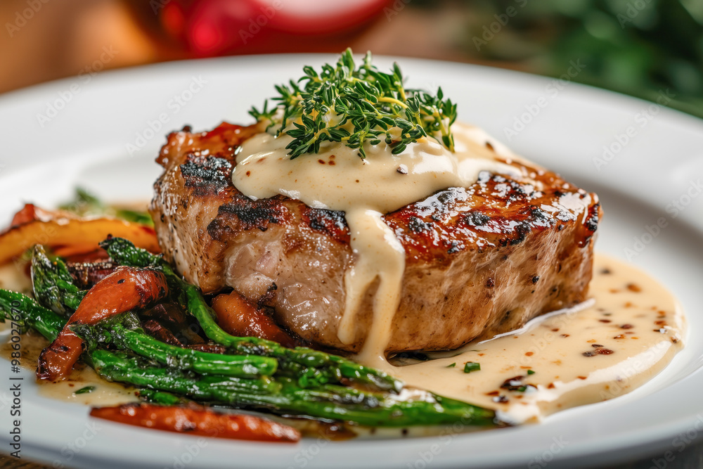 Grilled pork chop with creamy sauce and vegetables Grilled pork chop with creamy sauce and vegetables