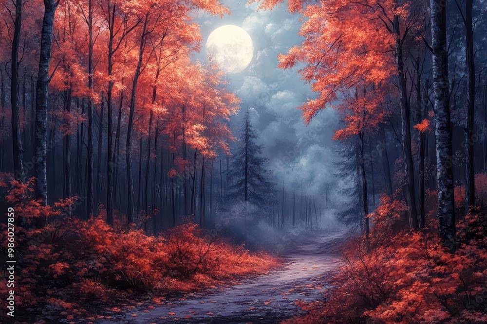 Fototapeta premium mystical autumnal forest bathed in ethereal moonlight mist weaves between vibrant fall foliage creating an enchanting interplay of shadow and soft silvery illumination