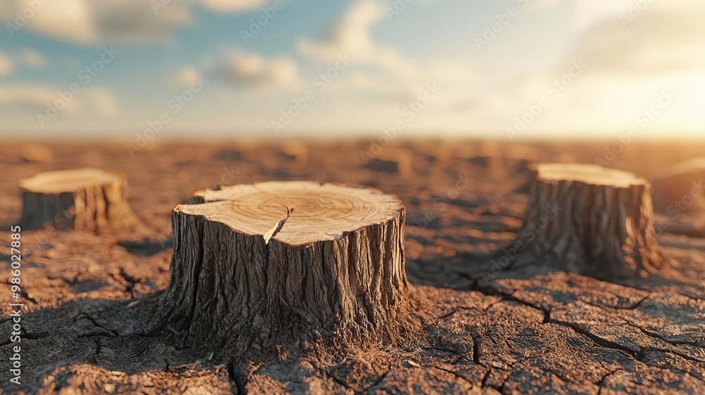 The image features tree stumps on a dry, cracked ground, depicting deforestation and environmental change against a bright sky. Environment Impact. The image features tree stumps on a dry, cracked ground, depicting deforestation and environmental change against a bright sky. Environment Impact.